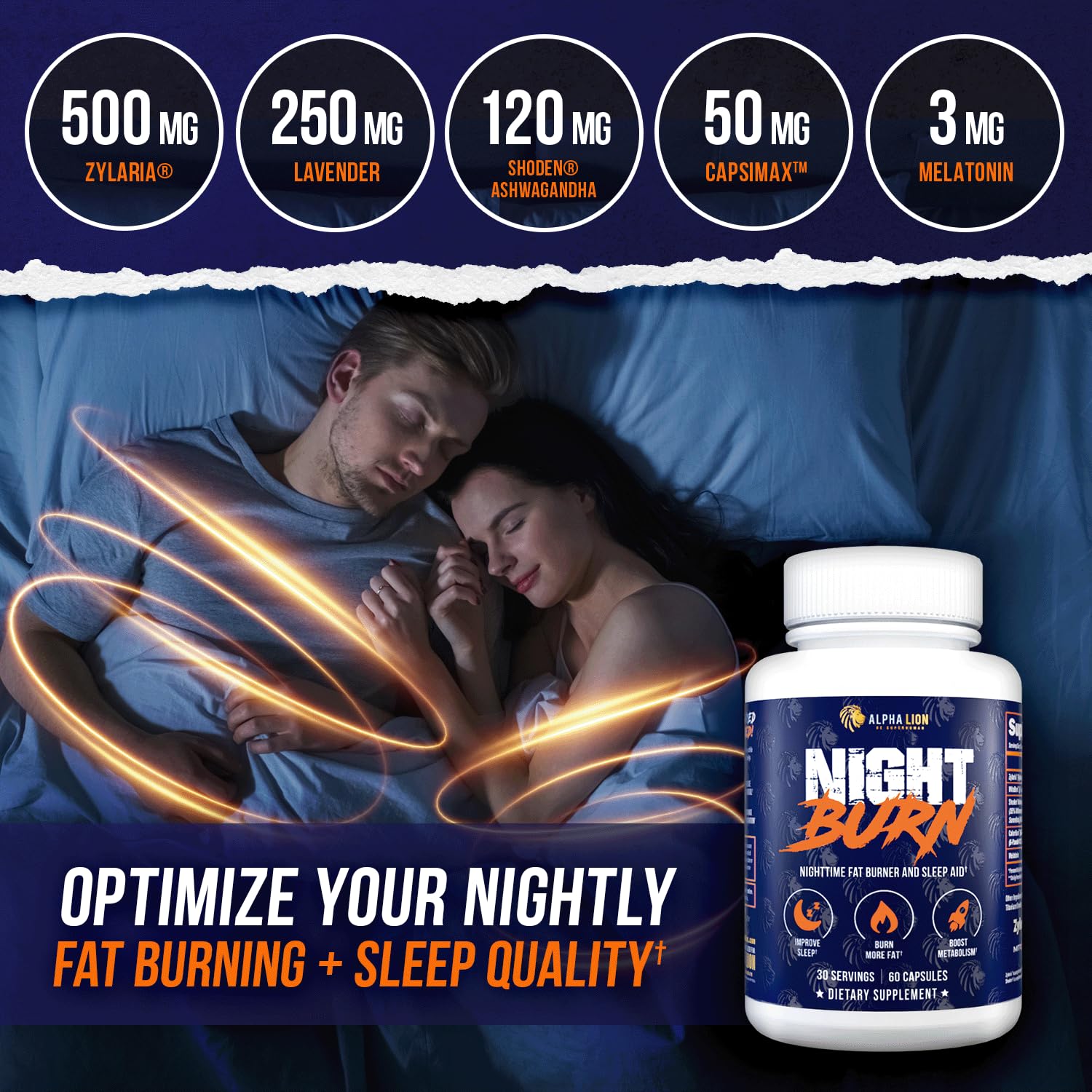 Alpha Lion Night Burn packaging flatlay with bottle and capsule imagery