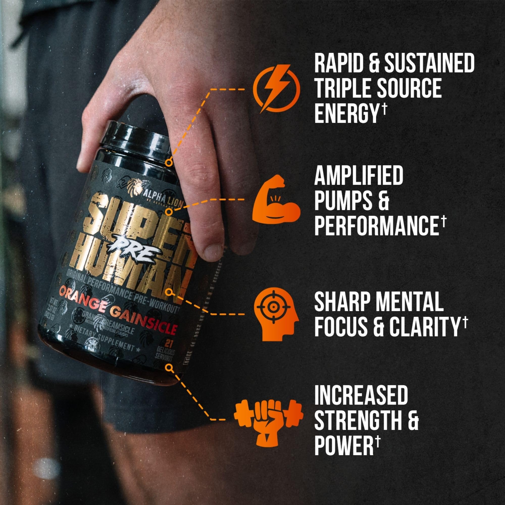 Close-up of ALPHA LION premium ingredients label on packaging.