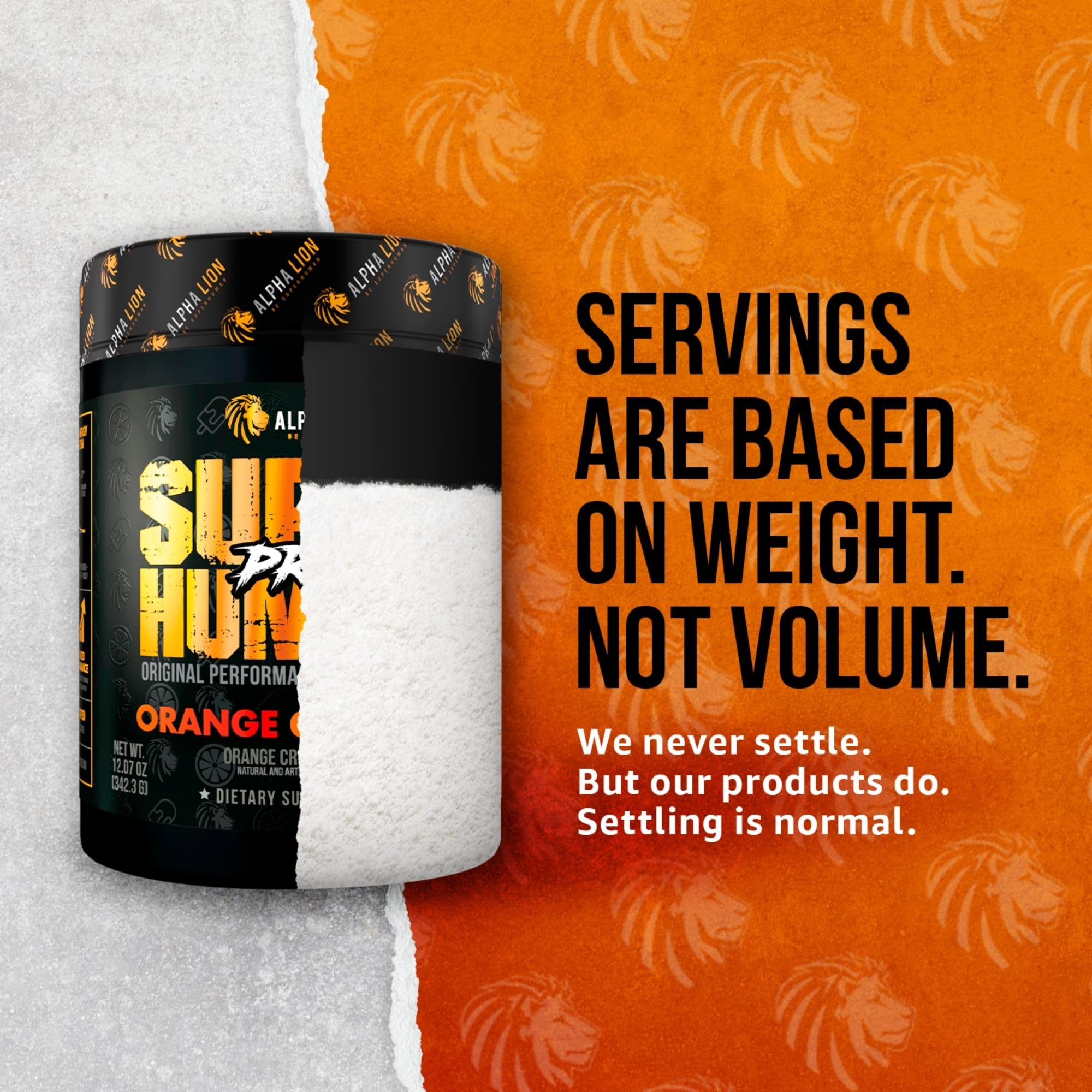 Notice displaying 21-serving size change for ALPHA LION Superhuman Pre Workout.