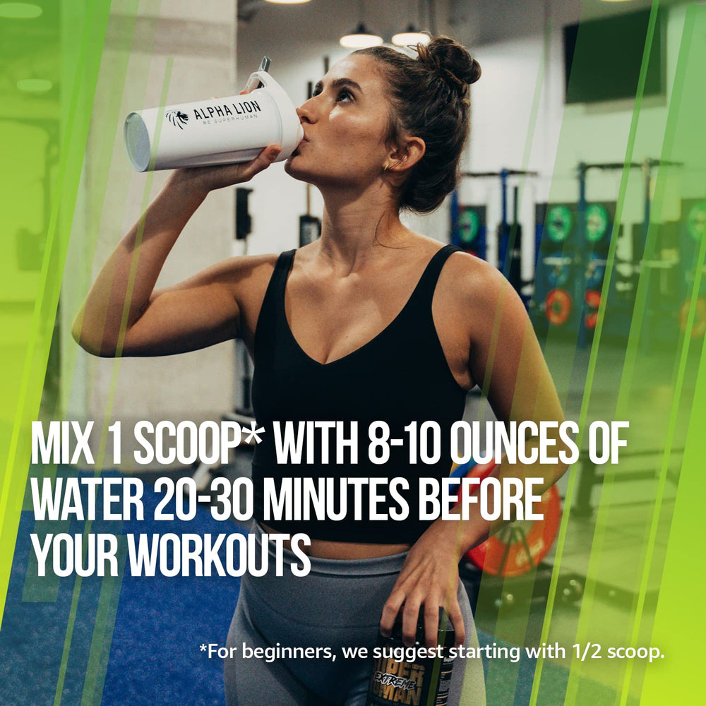 ALPHA LION Superhuman Extreme nutrition panel highlights caffeine and ingredients.