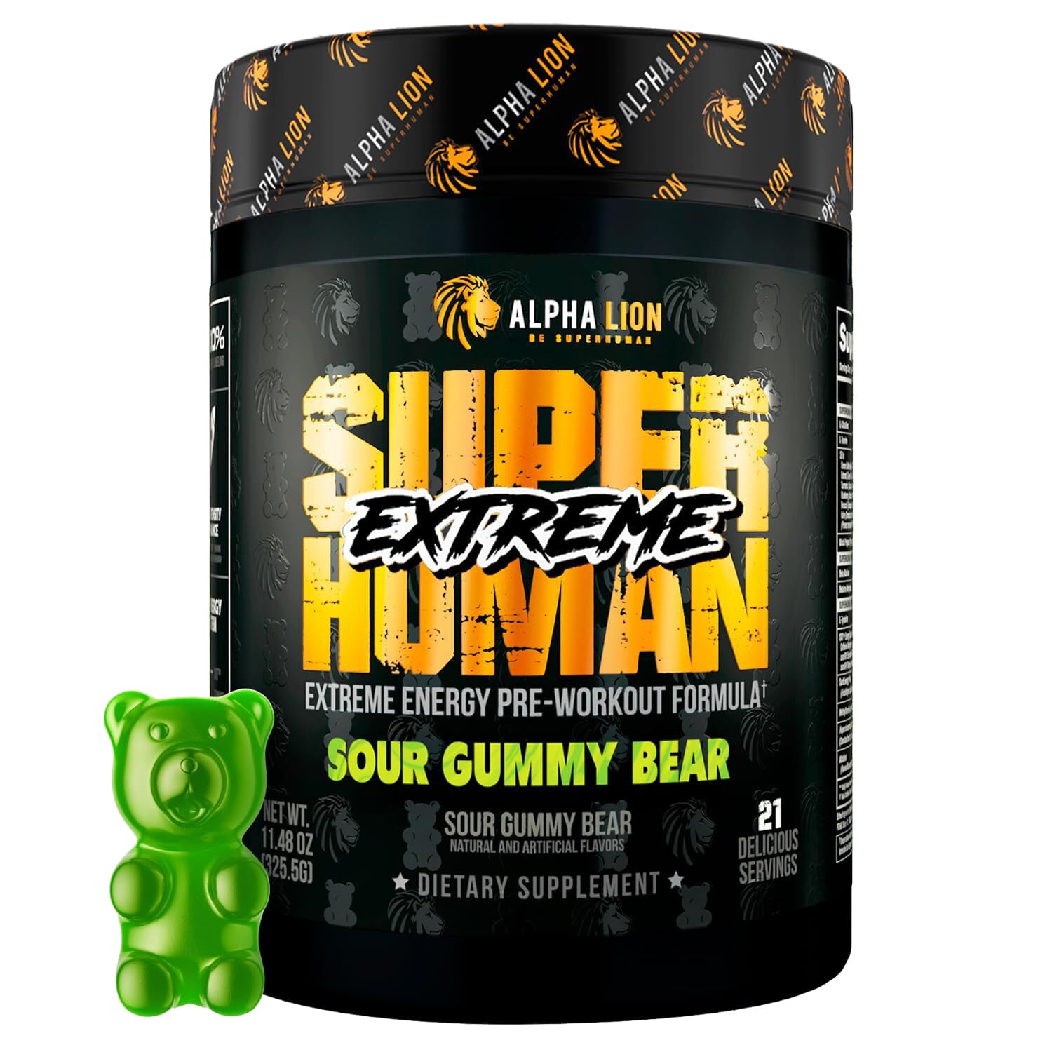 ALPHA LION Superhuman Extreme powder bottle for high-energy pre-workout use.
