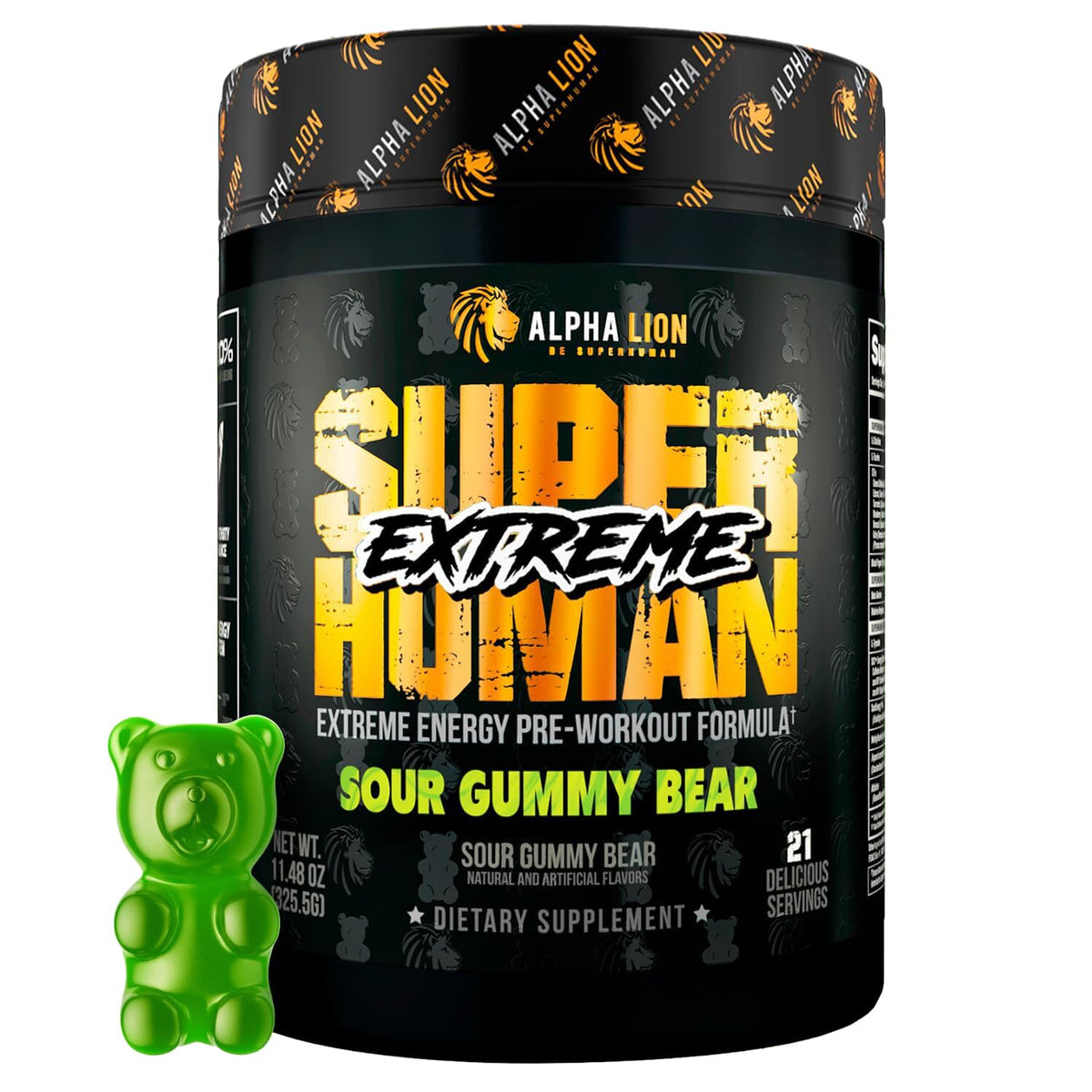 ALPHA LION Superhuman Extreme powder bottle for high-energy pre-workout use.