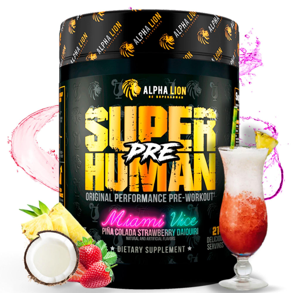 ALPHA LION Superhuman pre-workout bottle boosts energy and focus during workouts.