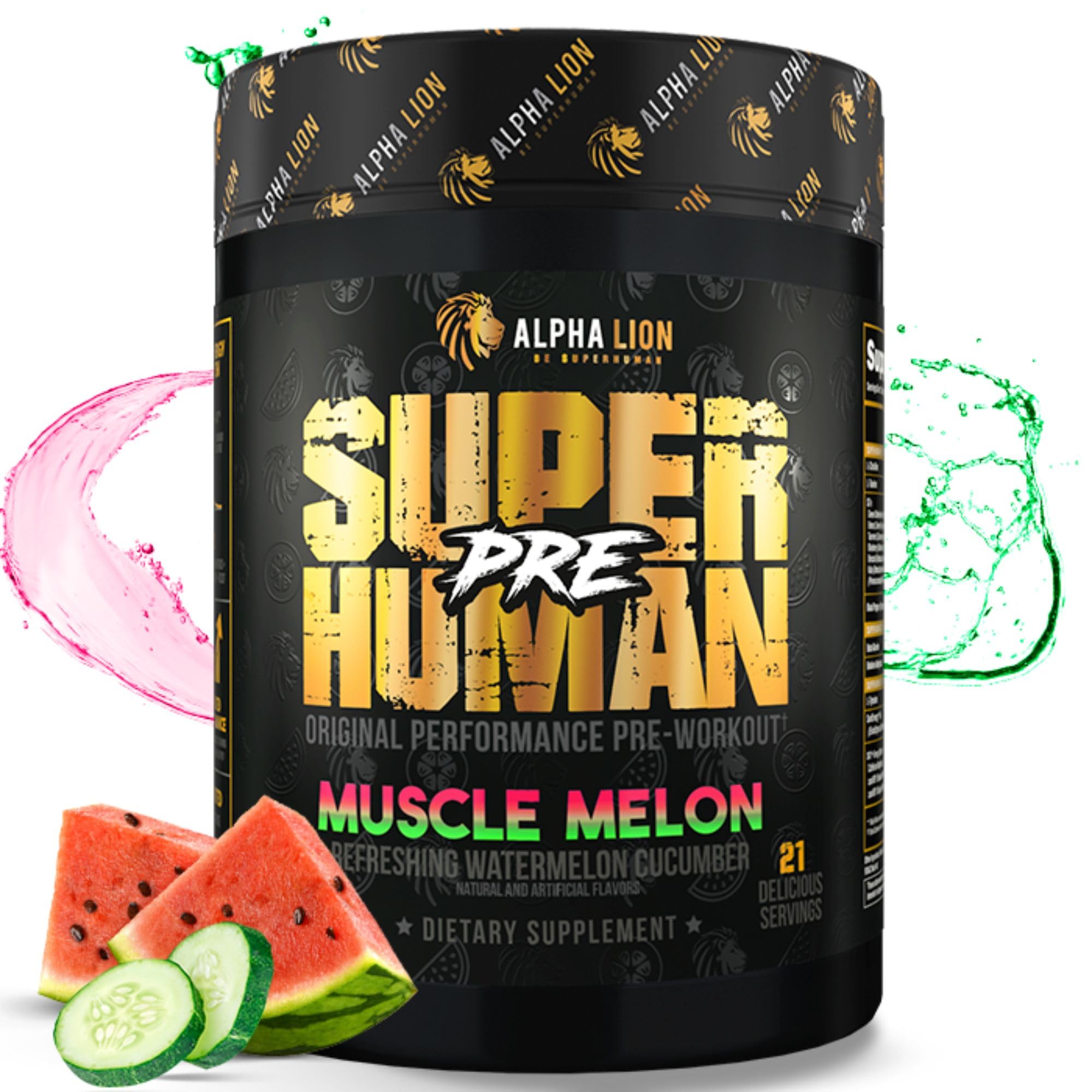 ALPHA LION Superhuman Pre-Workout bottle showcases premium packaging for convenient energy boosts.