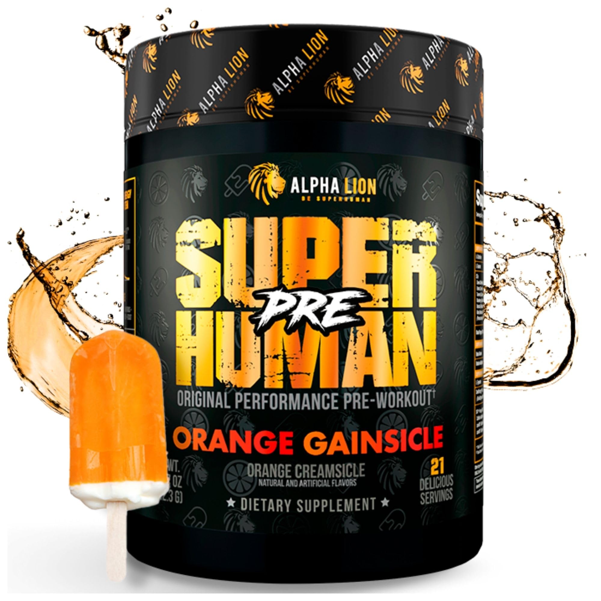 ALPHA LION Superhuman Pre-Workout tub with Orange Gainsicle flavor for sustained energy during training.