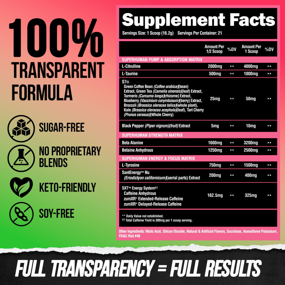 ALPHA LION Superhuman Pre-Workout pump image hints at muscular pump potential.