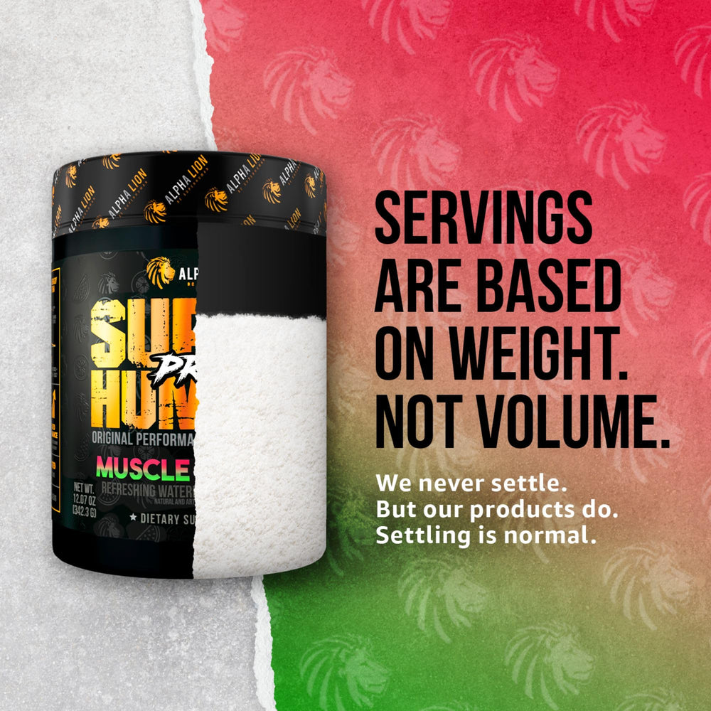 ALPHA LION Superhuman Pre-Workout serving illustrates convenient single-serve usage.