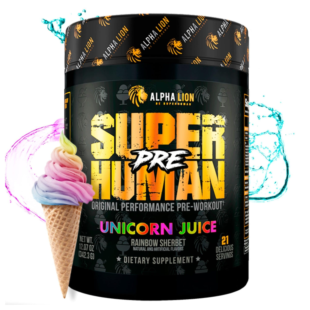 ALPHA LION Superhuman Pre Workout tub with Unicorn Juice flavor for sustained energy