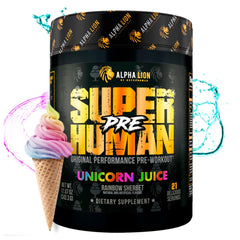 ALPHA LION Superhuman Pre Workout tub with Unicorn Juice flavor for sustained energy