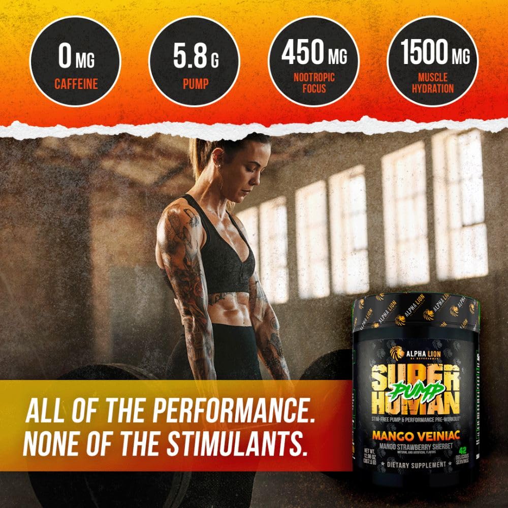 ALPHA LION Superhuman Pump mango-veiniac mixer highlights refreshing flavor during training.