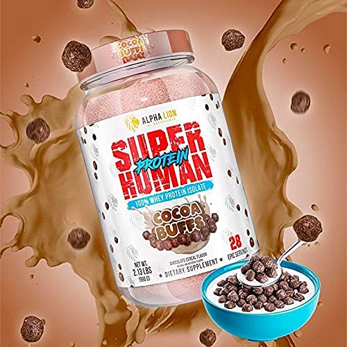Scoop of ALPHA LION Superhuman Whey Cocoa Buffs showing serving size