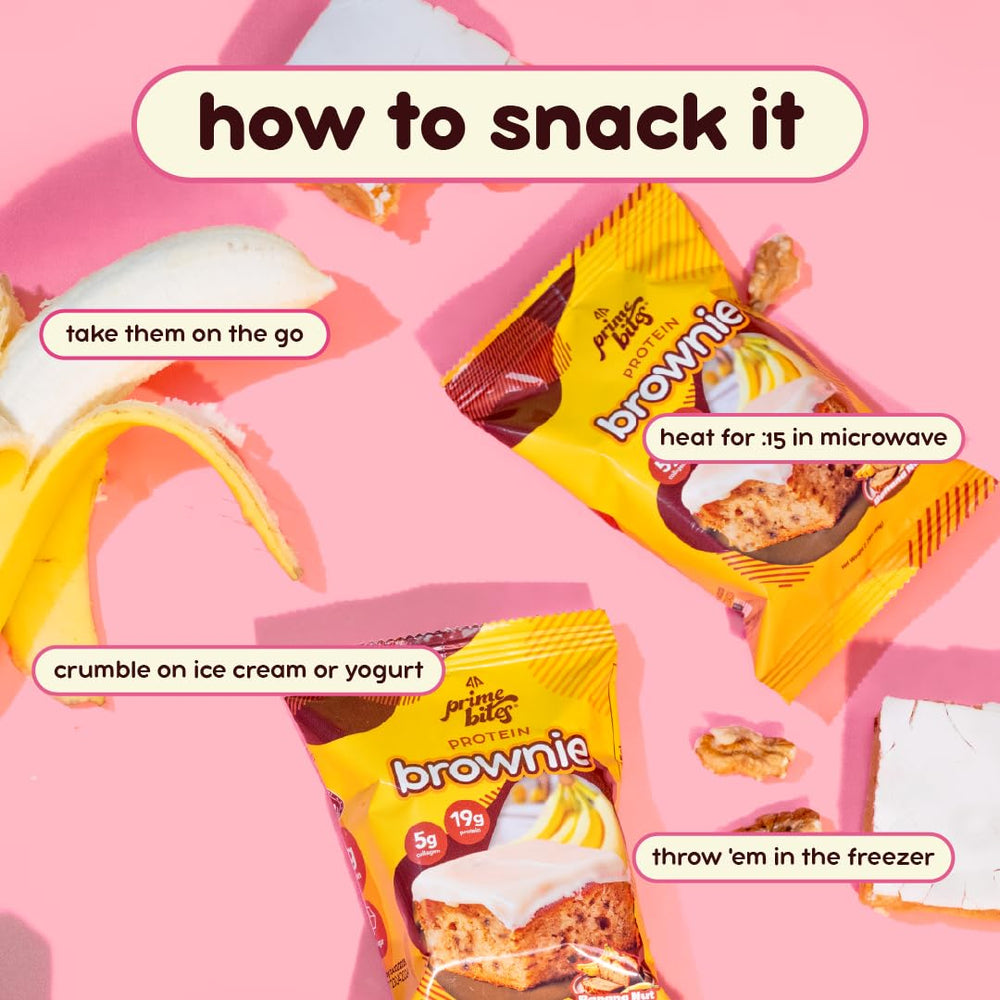 Alpha Prime Prime Bites Banana Nut Brownie notes a low sugar profile for smart snacking.