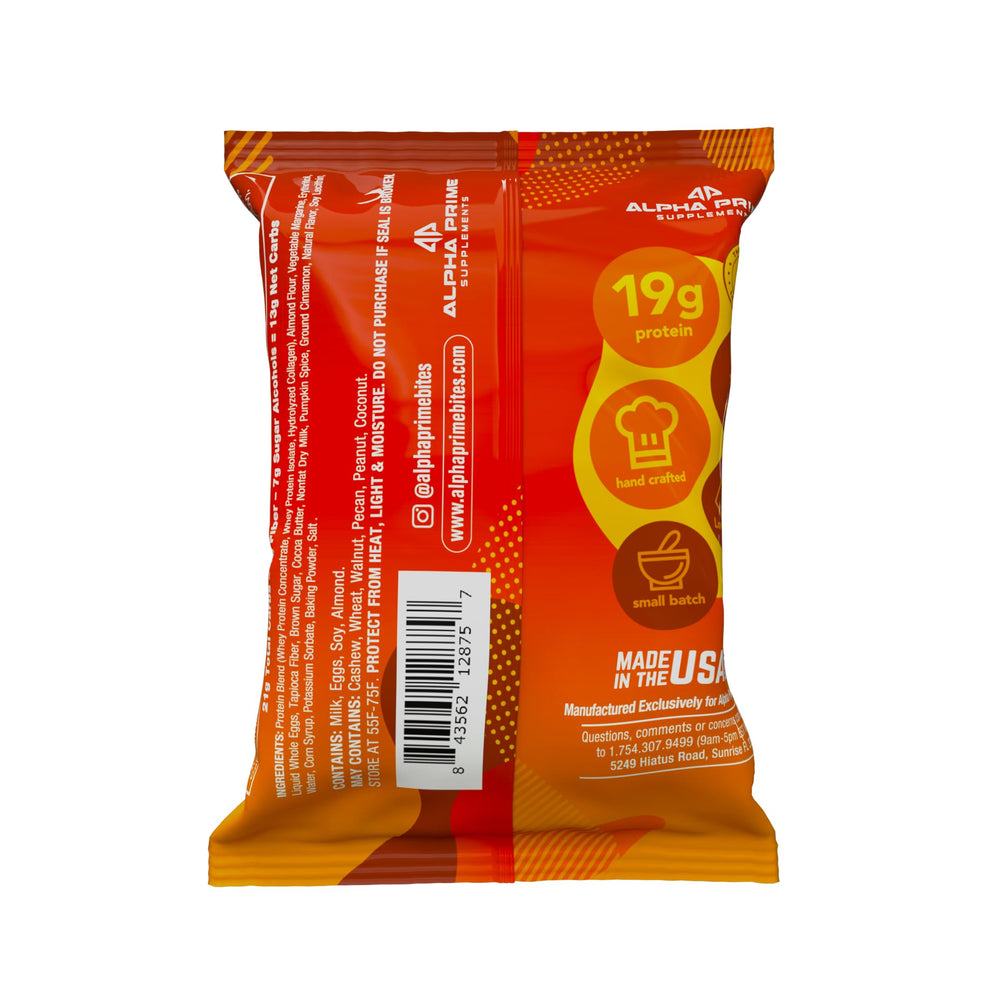 Alpha Prime Prime Bites Brownie glazed pumpkin spice flavor, a delightful dessert option.