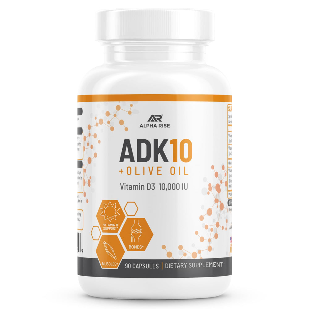 Alpha Rise ADK10 bottle front view highlighting the supplement packaging.