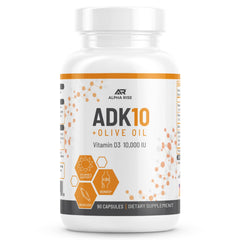 Alpha Rise ADK10 bottle front view highlighting the supplement packaging.