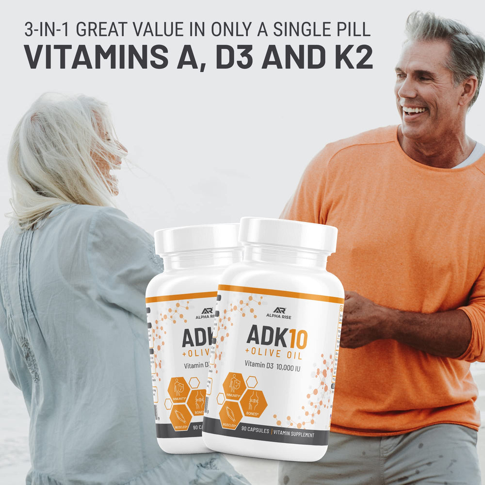 Alpha Rise ADK10 bottle open with capsules pouring.