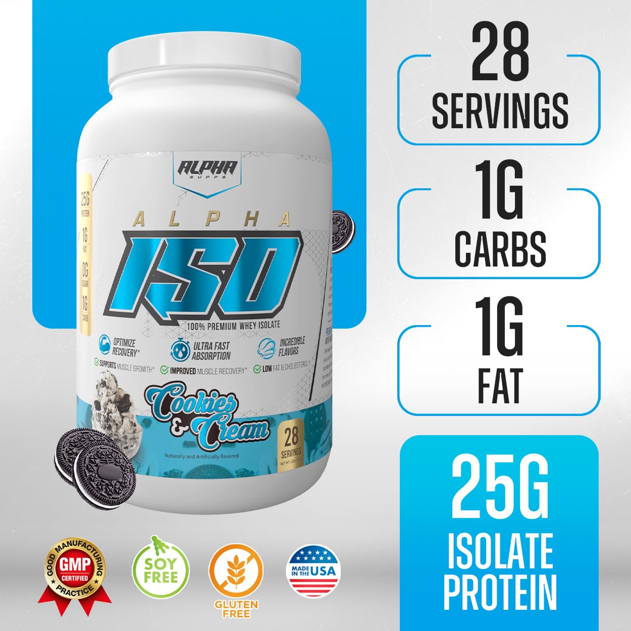 Alpha Supps cookies & cream flavor tub beside a prepared shake.