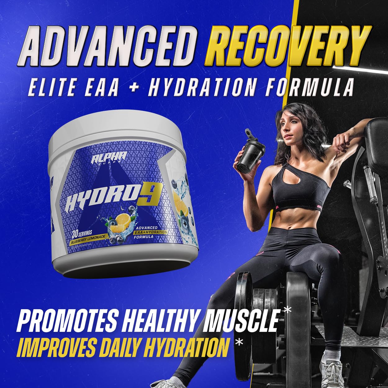 Hydration-focused glass with Hydro 9 Aminos and electrolytes for gym hydration