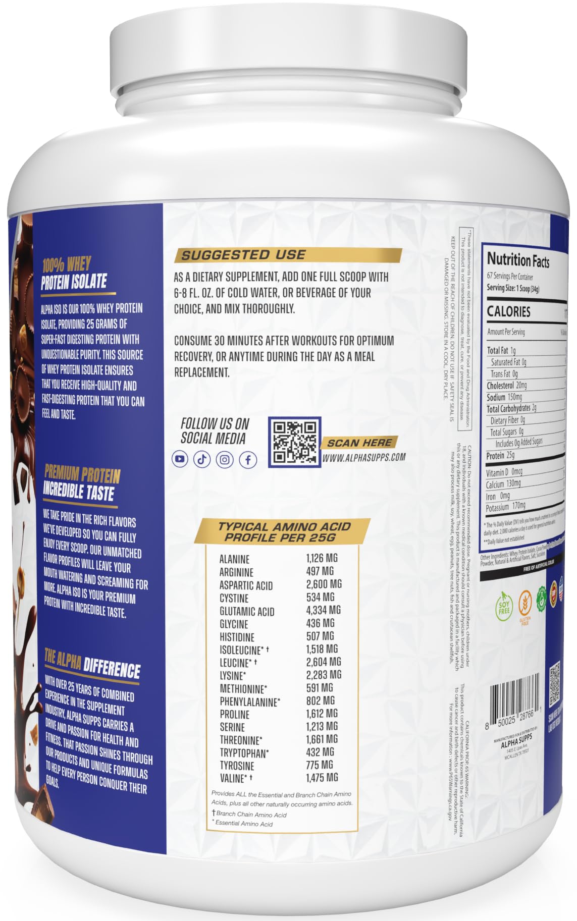 Alpha Supps ISO chocolate-peanut-butter-flavor powder ready to mix smoothly for a satisfying shake.