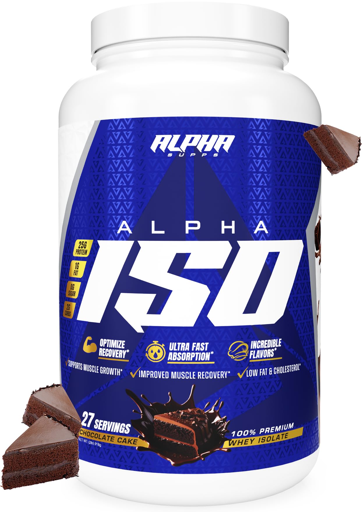 Alpha Supps ISO whey protein bottle showing 25g per serving, ideal after workouts.