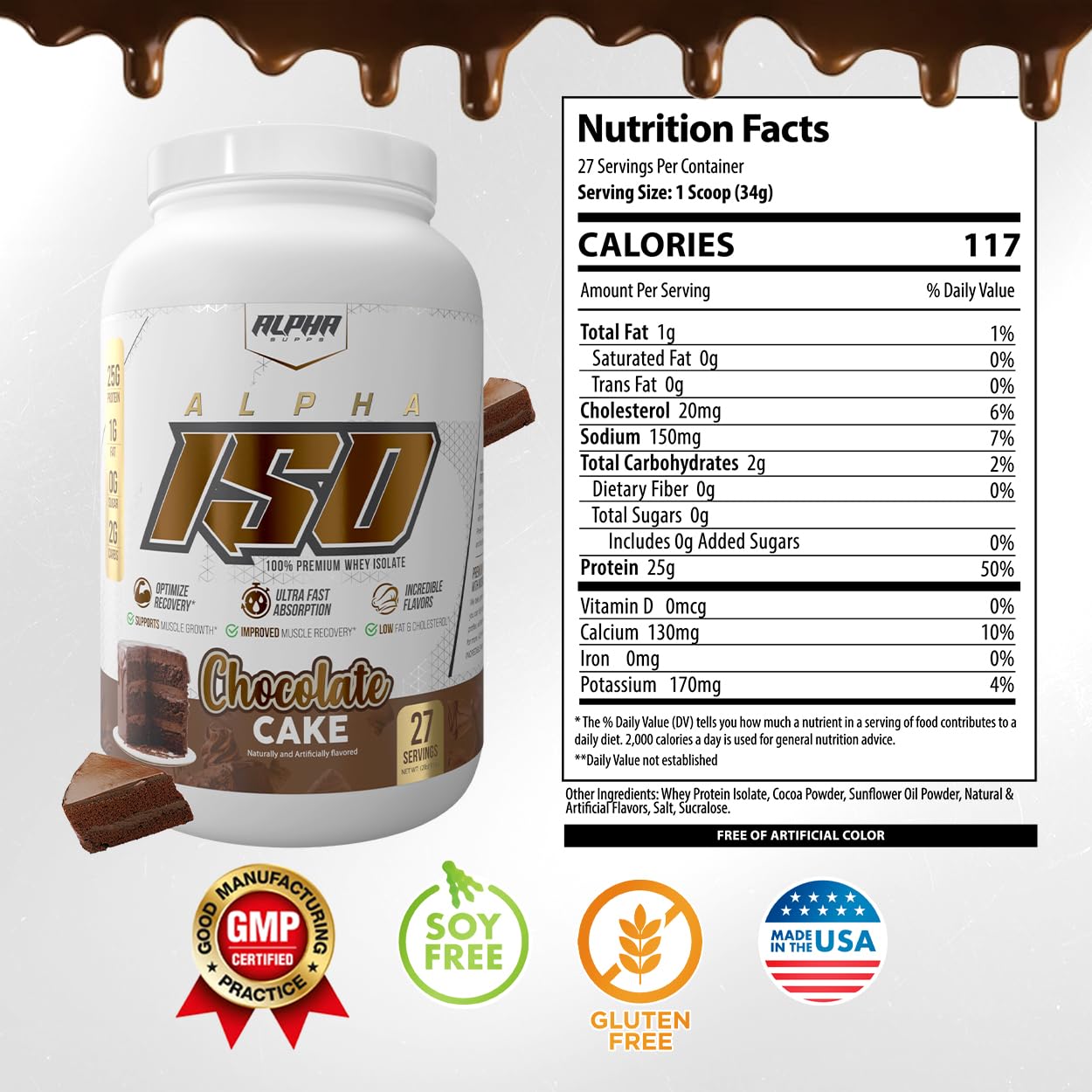Alpha Supps ISO whey ingredient panel displays complete amino acid profile.