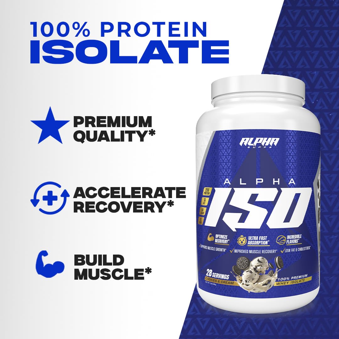 Alpha Supps ISO whey isolate powder on kitchen counter with nutrition label.