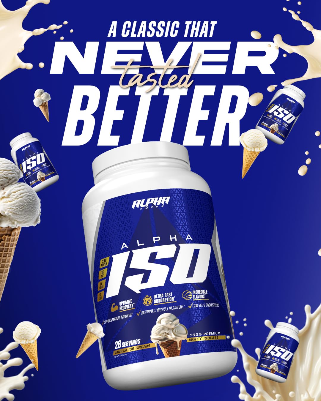 Alpha Supps ISO whey isolate powder blending into a creamy smoothie.