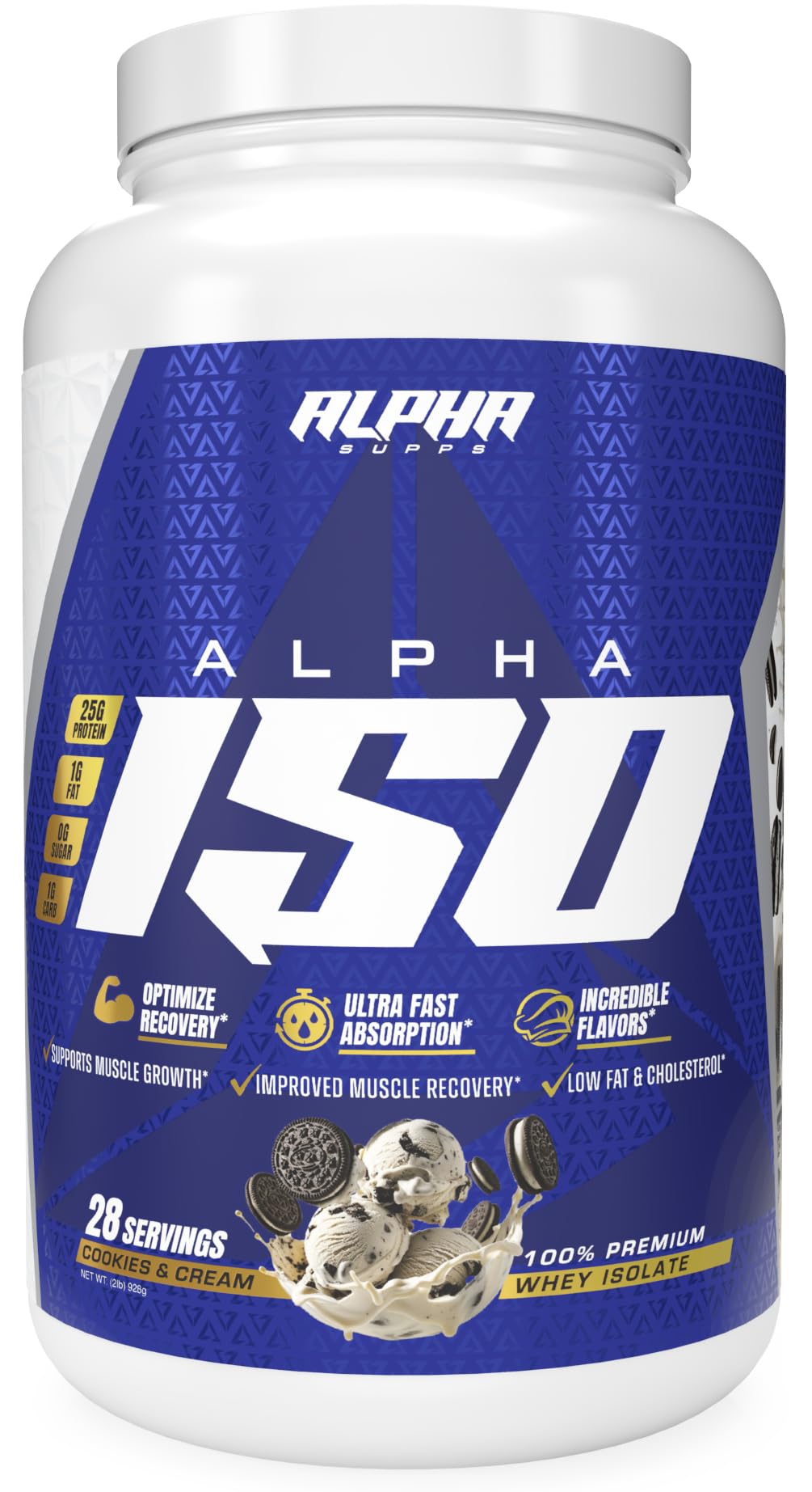 Alpha Supps whey isolate powder bottle and spoon ready for use.