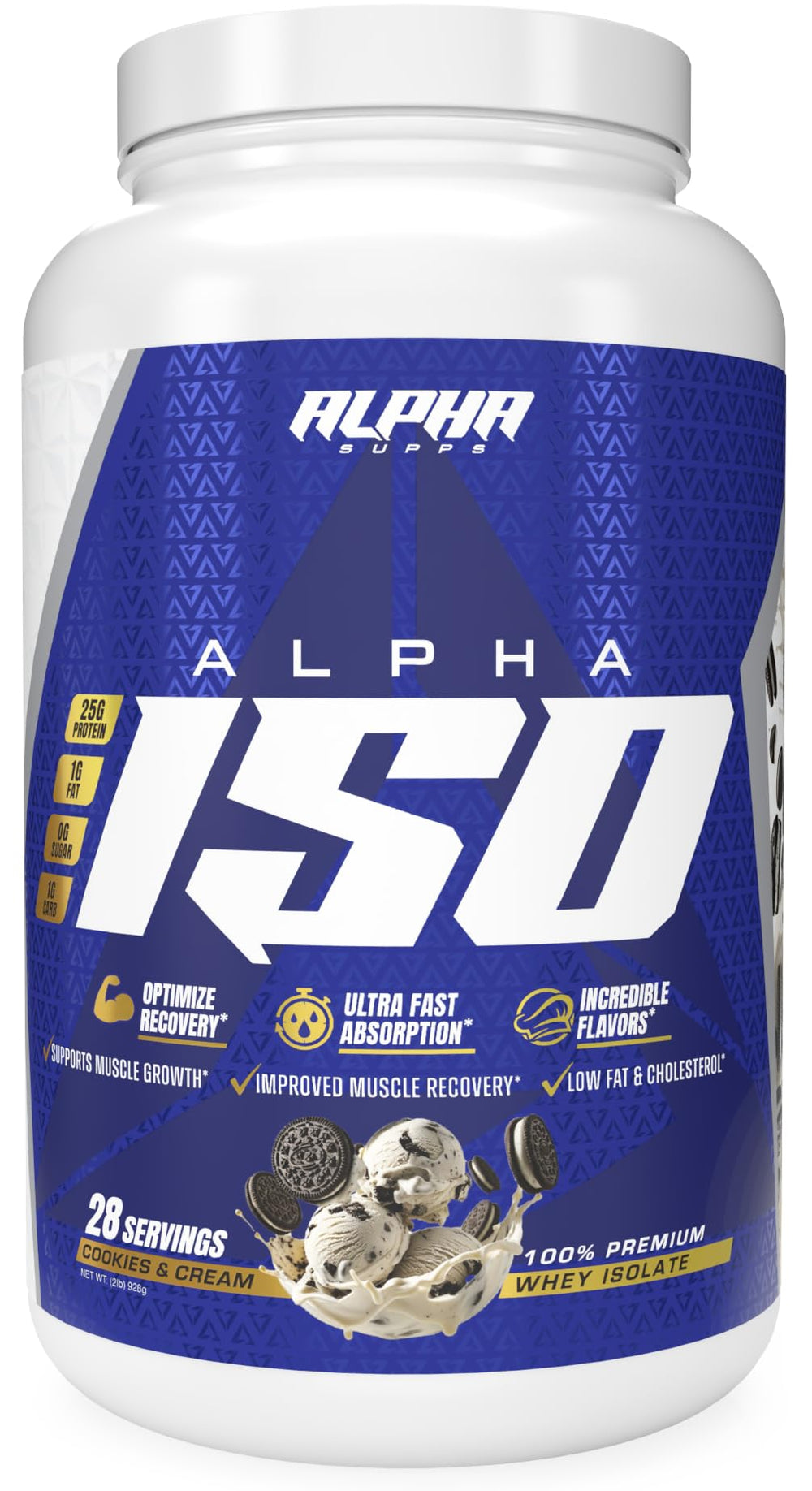 Alpha Supps whey isolate powder bottle and spoon ready for use.