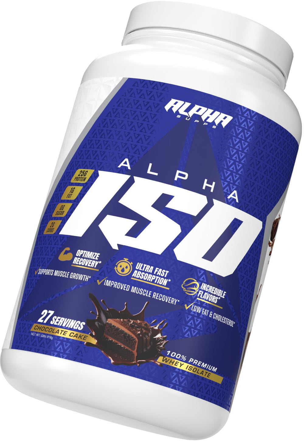 Alpha Supps ISO whey measuring cups with powder beside bag.