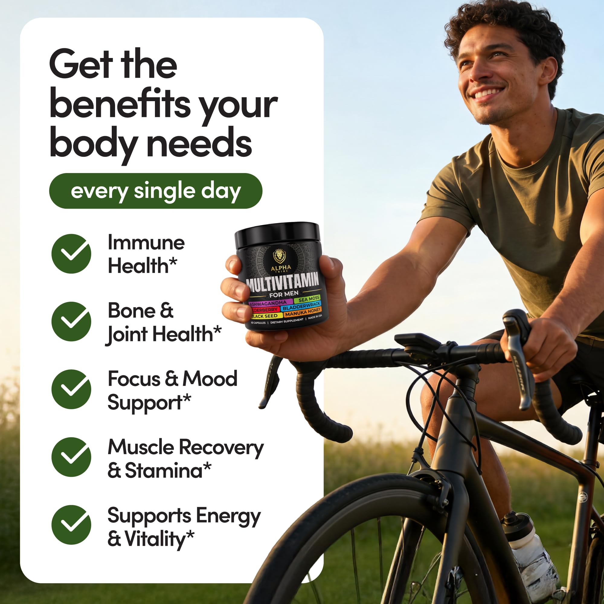 Alpha Tribe multivitamin bottle with ashwagandha capsules for stress resilience