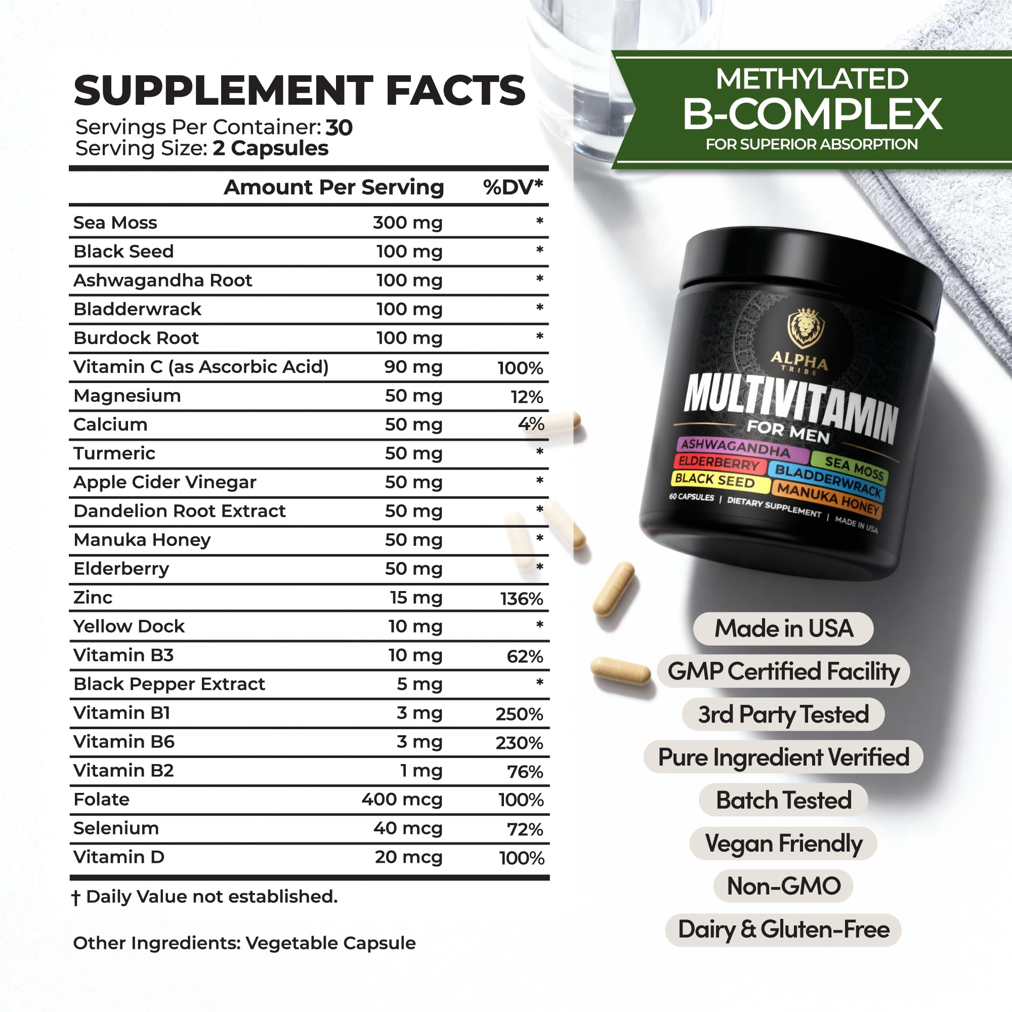 Alpha Tribe multivitamin bottle showing black seed oil capsules