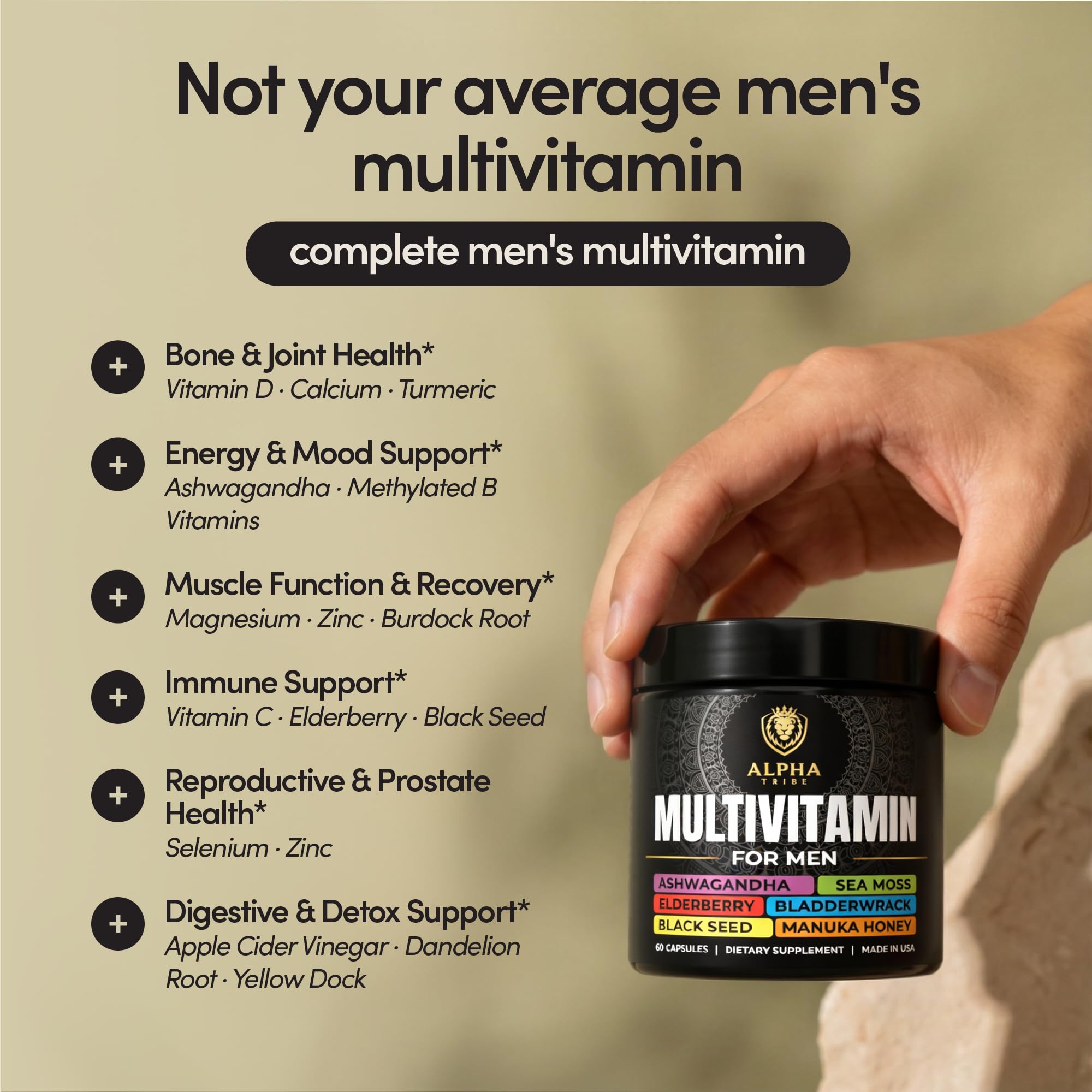 Alpha Tribe multivitamin bottle with turmeric capsules for daily balance