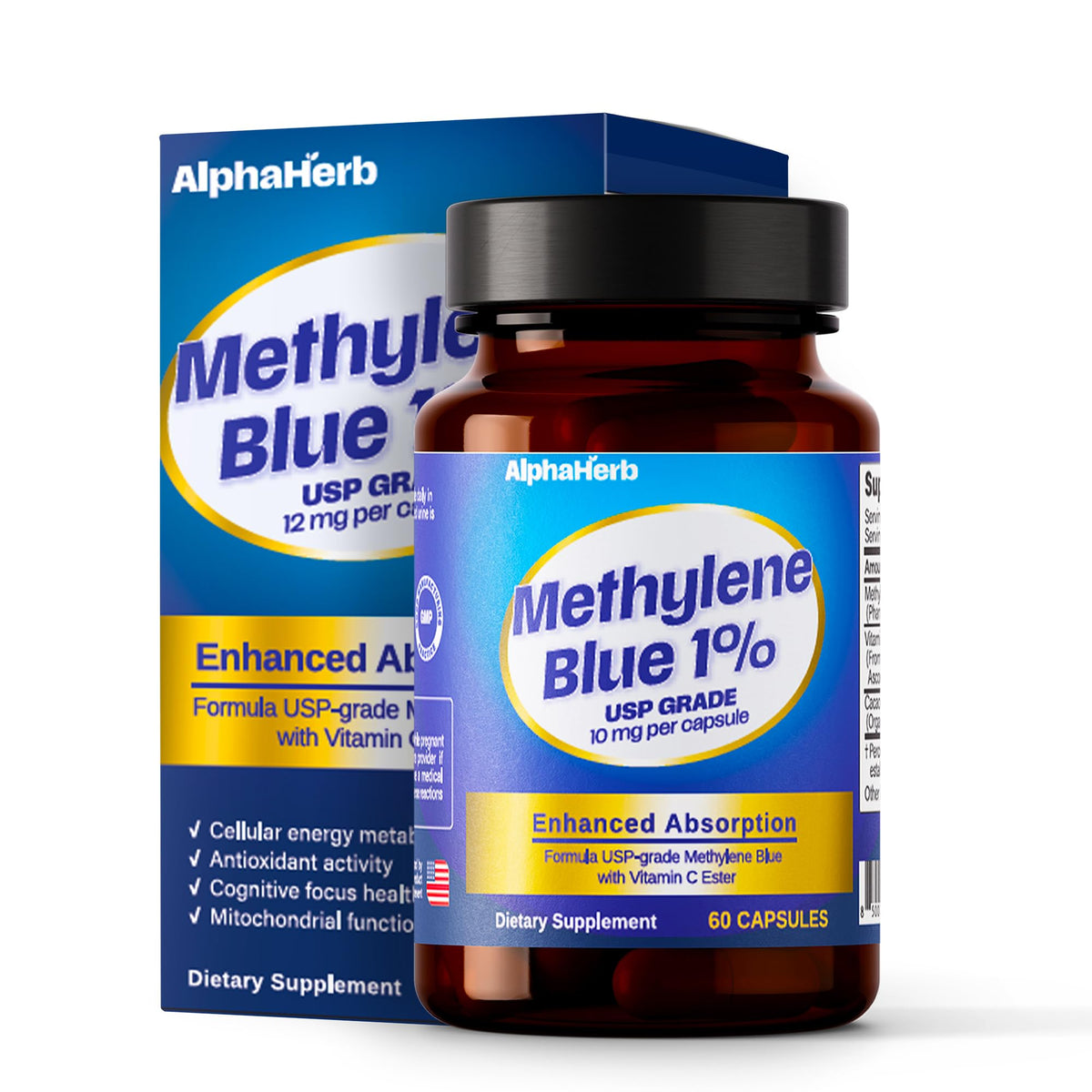 AlphaHerb Methylene Blue bottle showing the capsule format and branding for daily energy support