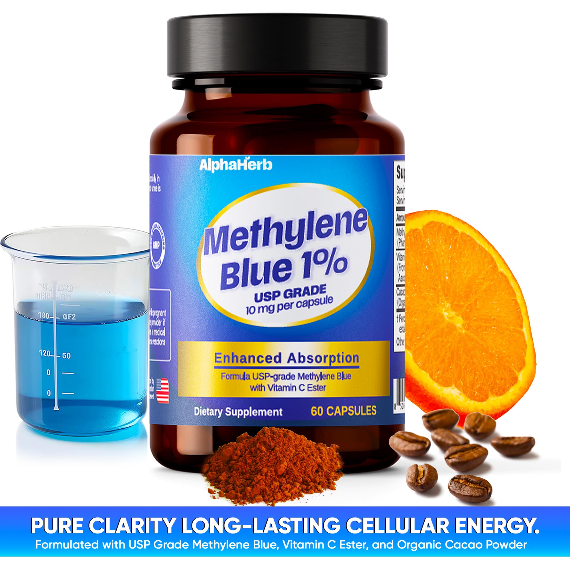 Closeup of AlphaHerb Methylene Blue capsules highlighting precise 12 mg dosage