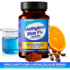 Closeup of AlphaHerb Methylene Blue capsules highlighting precise 12 mg dosage