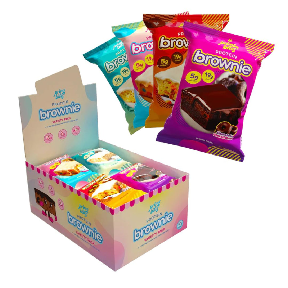 Alpha Prime Prime Bites Brownie pack front showing protein-packed snack on the go