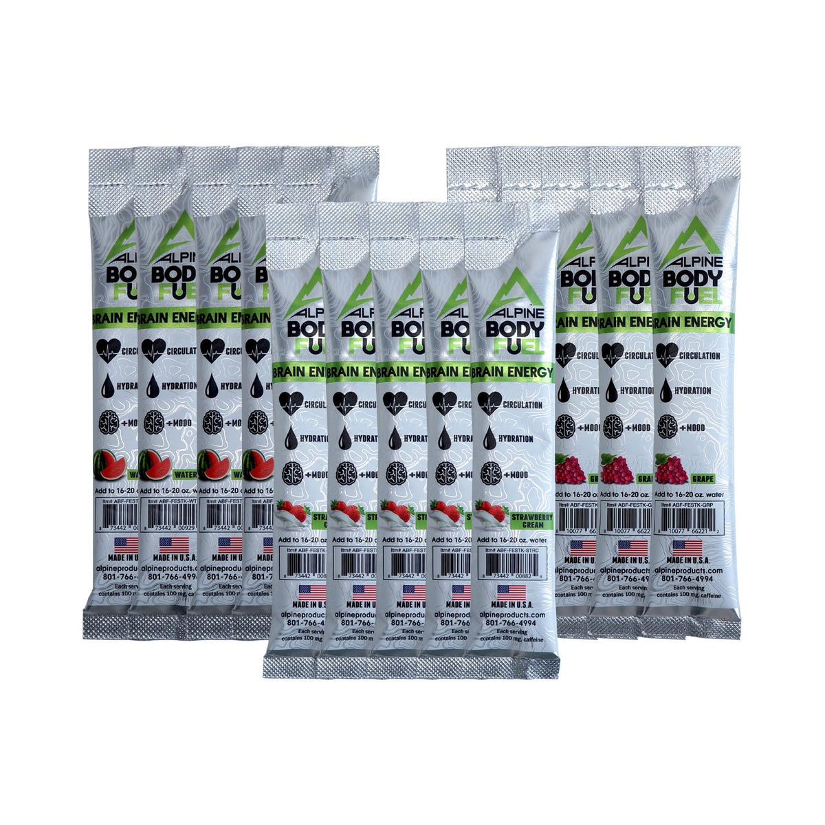 Alpine Innovations Body Fuel Focus + Energy front pack showcases the great tasting supplement boost.