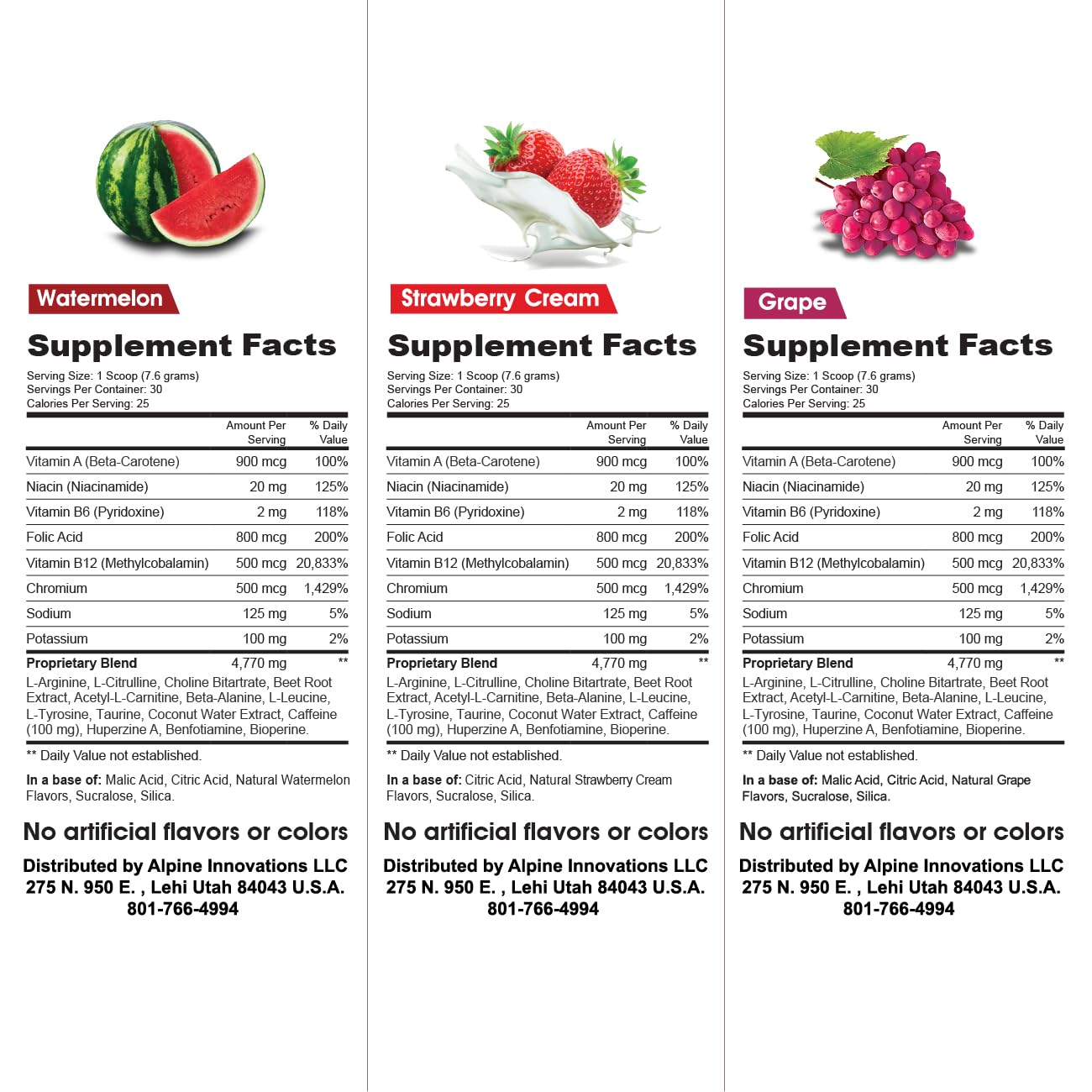 Alpine Innovations Body Fuel Focus + Energy variety pack labels highlight watermelon, strawberry cream, and grape flavors.