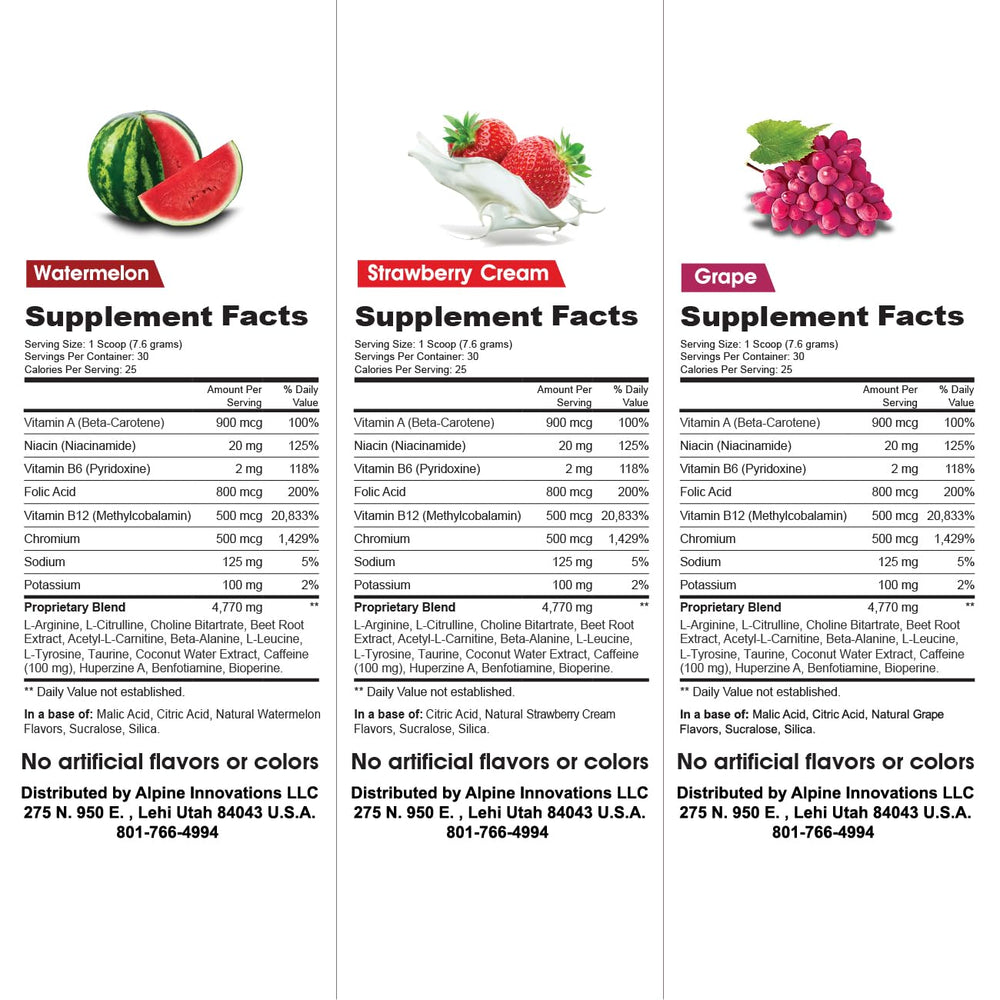 Alpine Innovations Body Fuel Focus + Energy variety pack labels highlight watermelon, strawberry cream, and grape flavors.