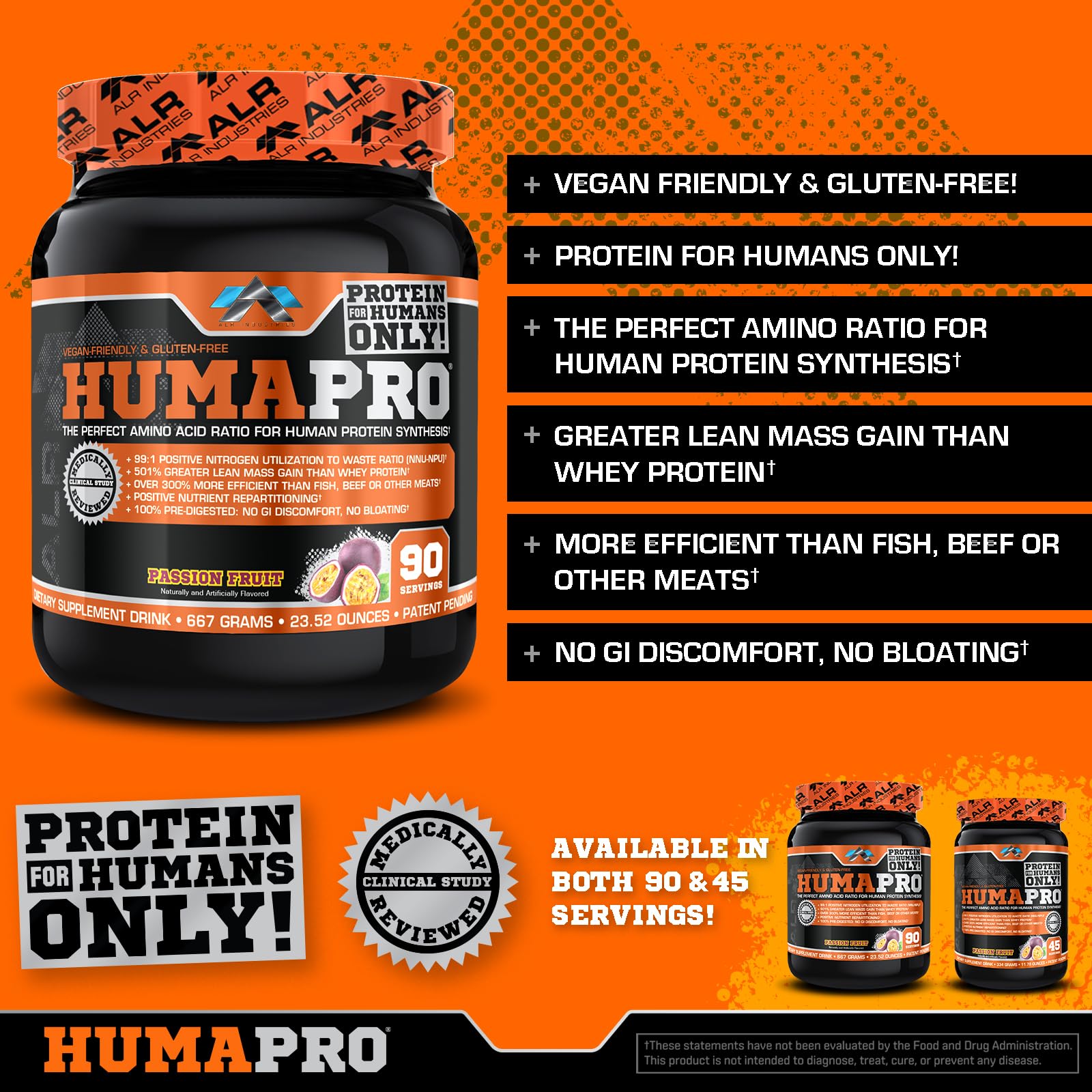 ALR Industries Humapro bottle closeup emphasizes vegan, gluten-free formula for clean nutrition.