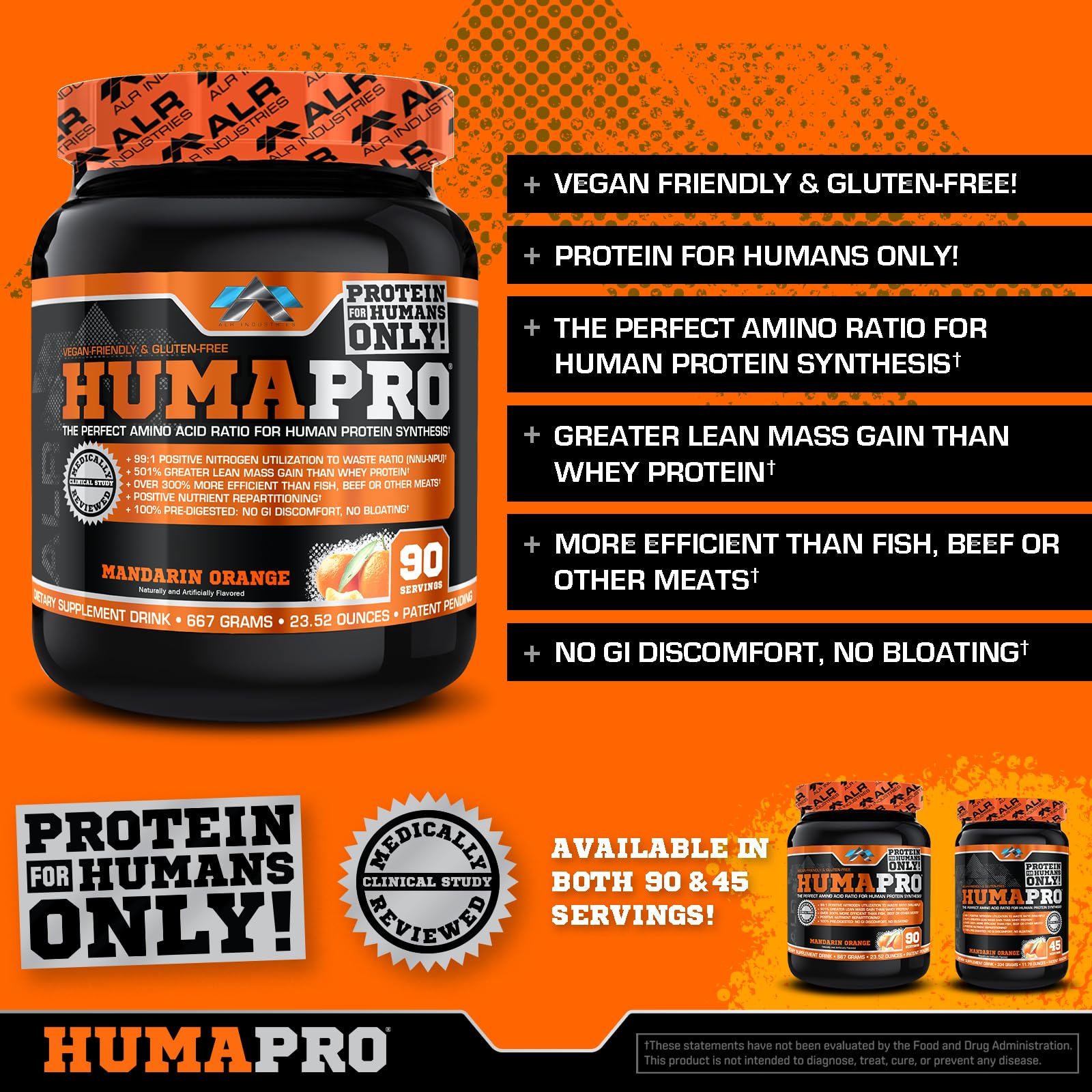 Ingredient panel highlighting gluten-free, dairy-free, vegan formula of Humapro.