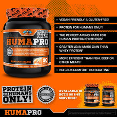 Ingredient panel highlighting gluten-free, dairy-free, vegan formula of Humapro.
