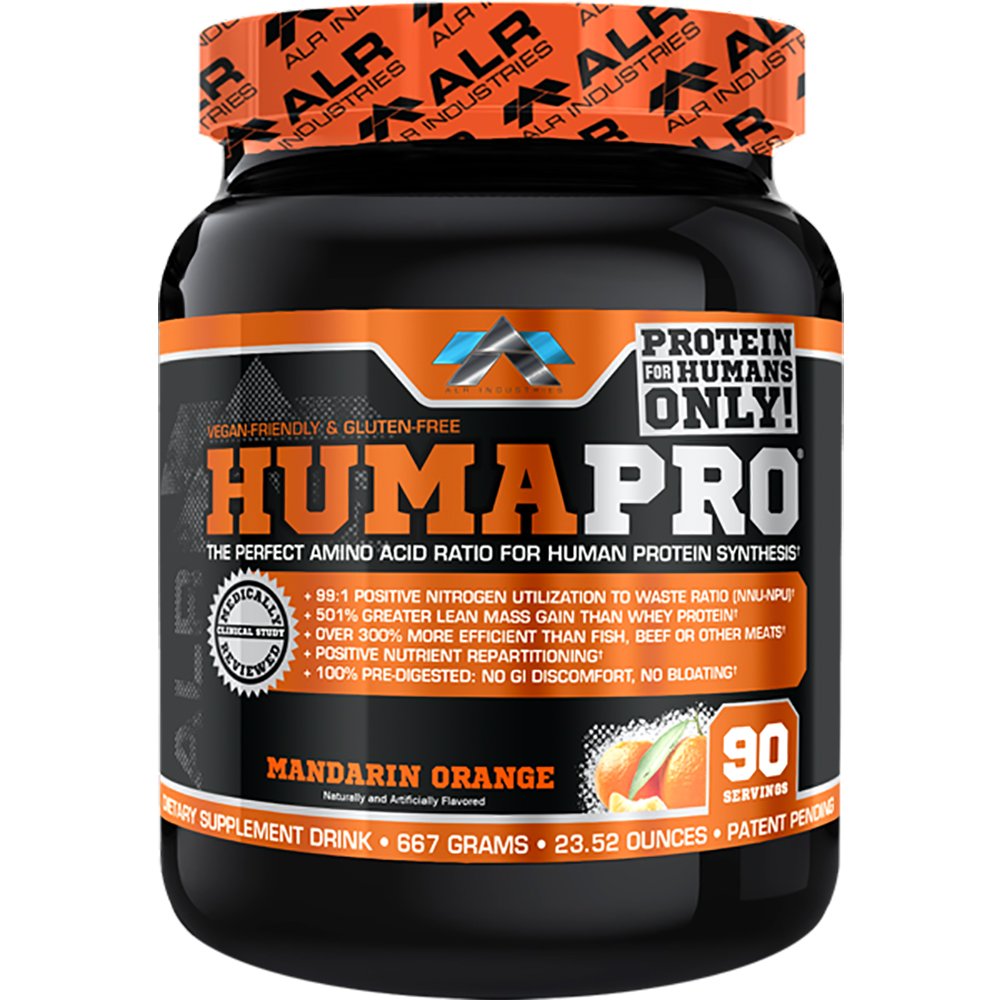 ALR Industries Humapro Mandarin Orange tub with vegan protein matrix labeling.