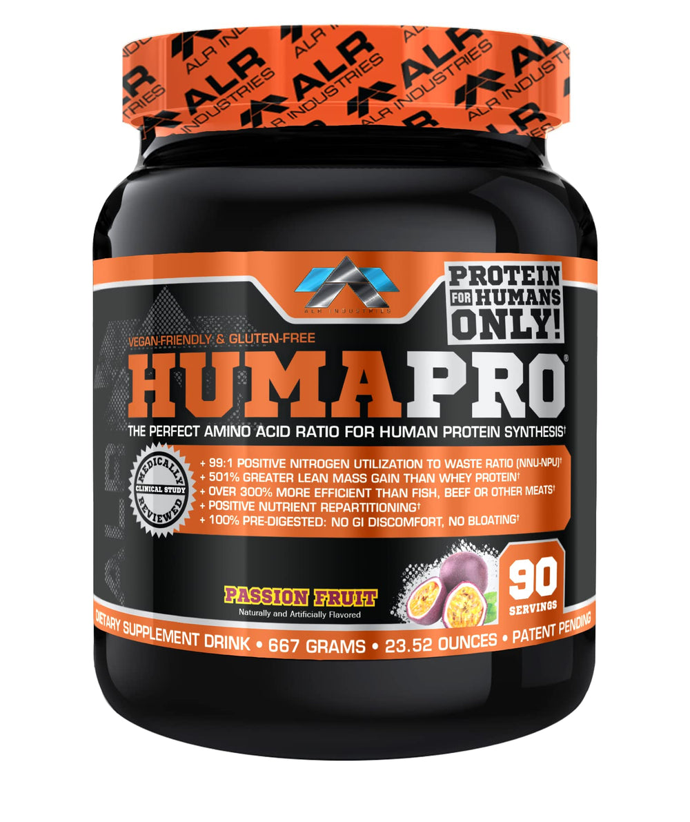 ALR Industries Humapro Passion Fruit bottle pour illustrates fast amino delivery for lean muscle support.