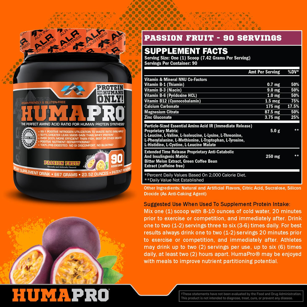 ALR Industries Humapro Passion Fruit powder being mixed shows high-efficiency amino delivery with minimal calories.