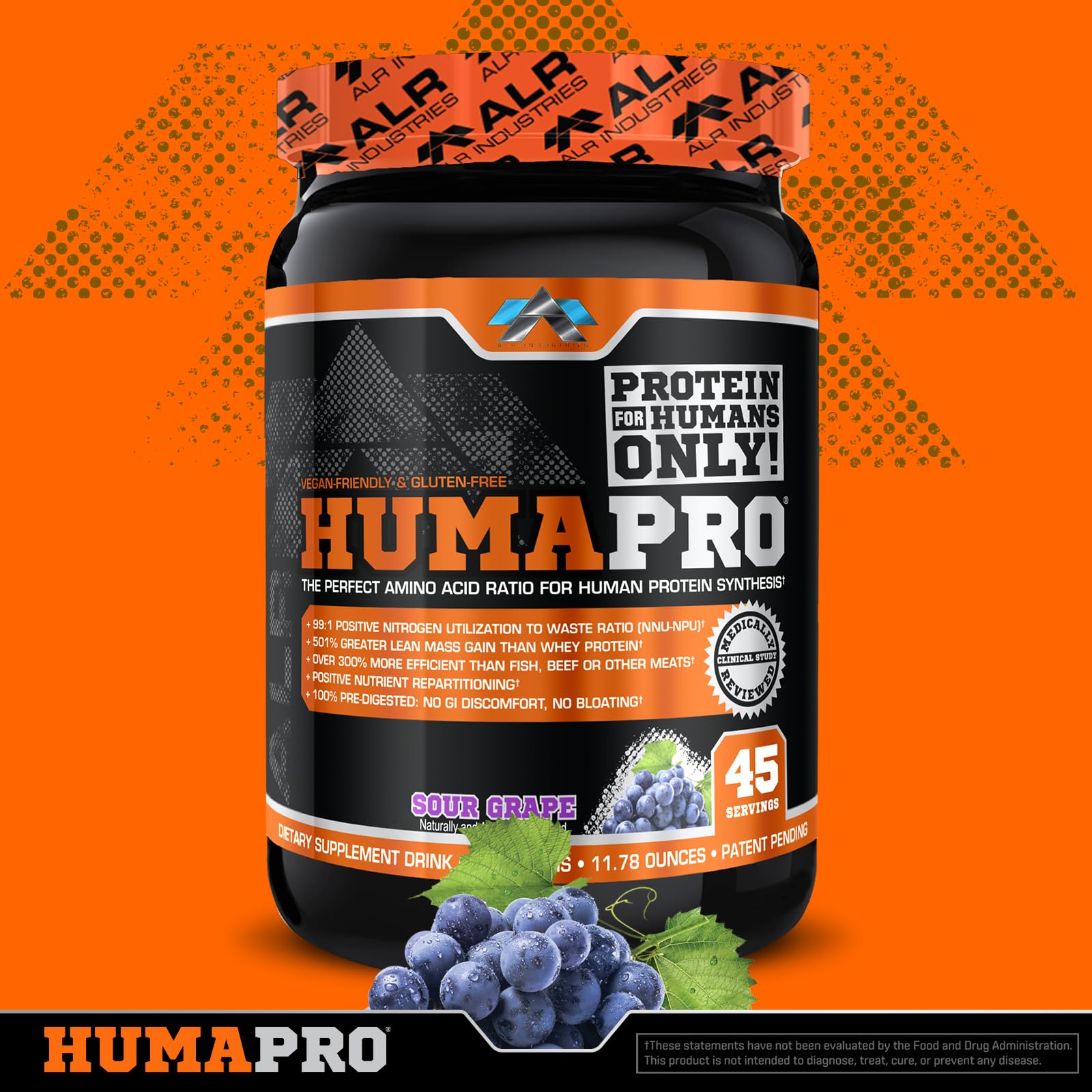 Humapro ingredient gloss highlights vegan, gluten-free formulation and clean protein profile.