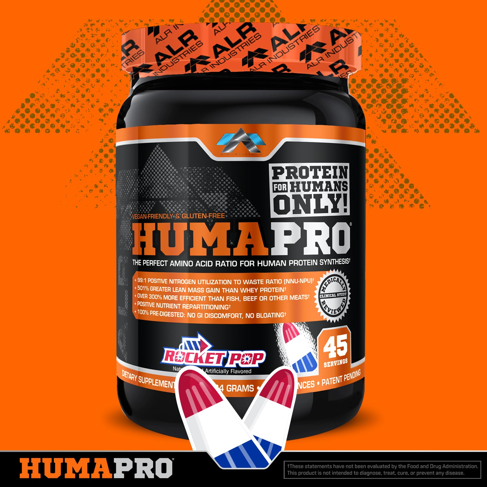 Humapro label close-up emphasizing vegan, gluten-free protein matrix