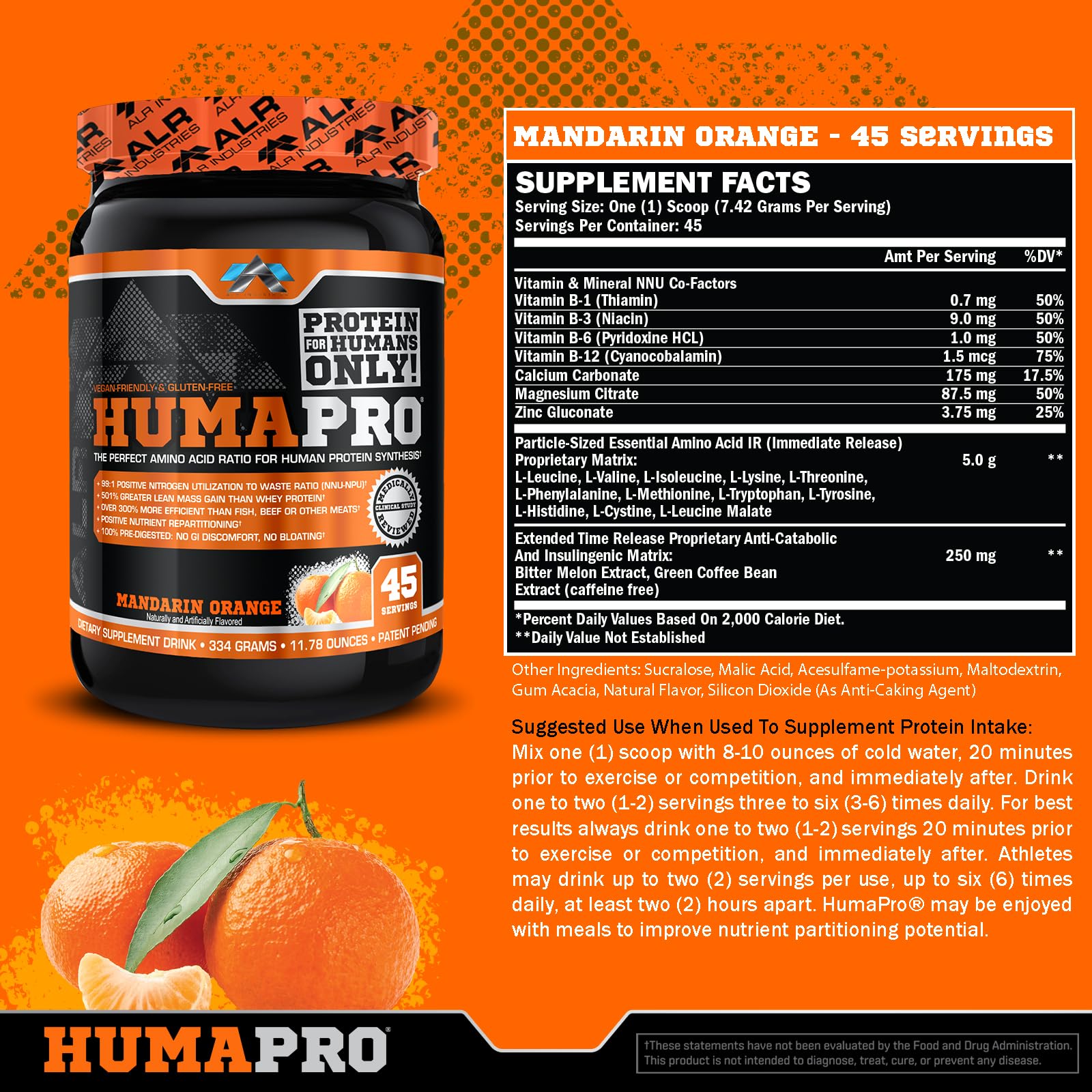 Close-up of Humapro label showing vegan and gluten-free formula for allergen-friendly nutrition