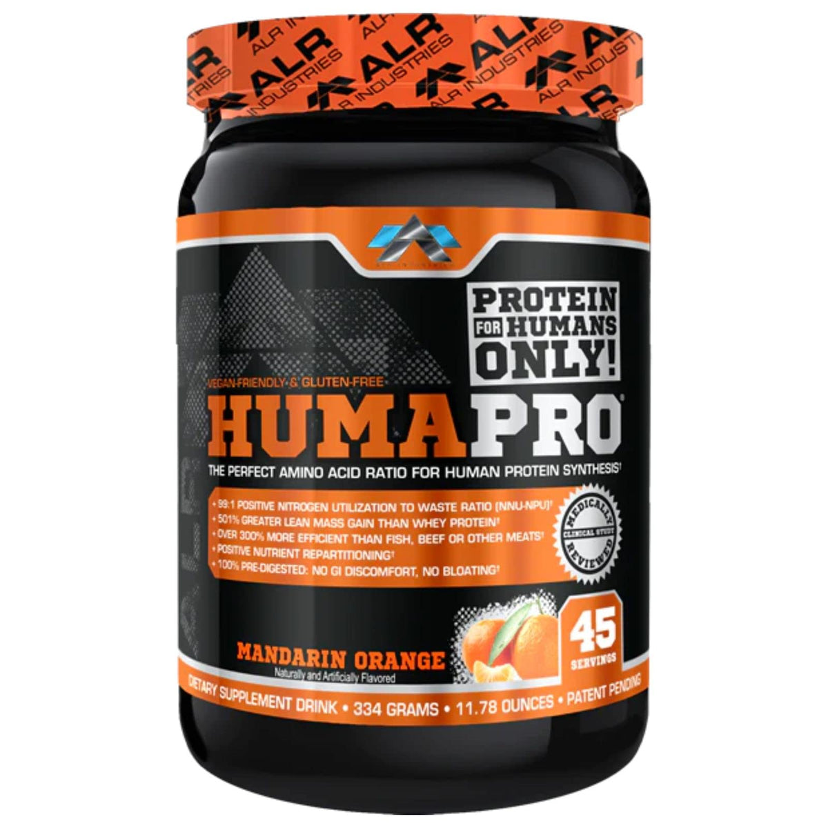 ALR Humapro Mandarin Orange bottle displaying the amino acid matrix for lean muscle support